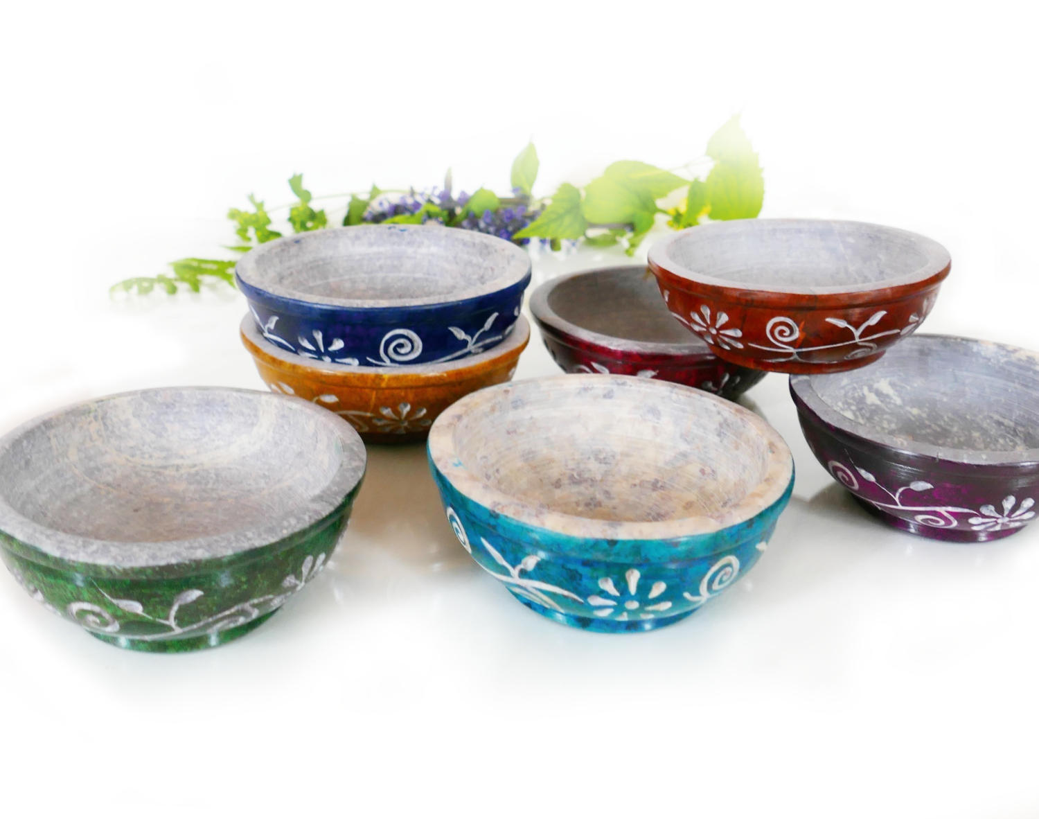 Lisias, bunte Räucherschalen 7er-Set - Speckstein